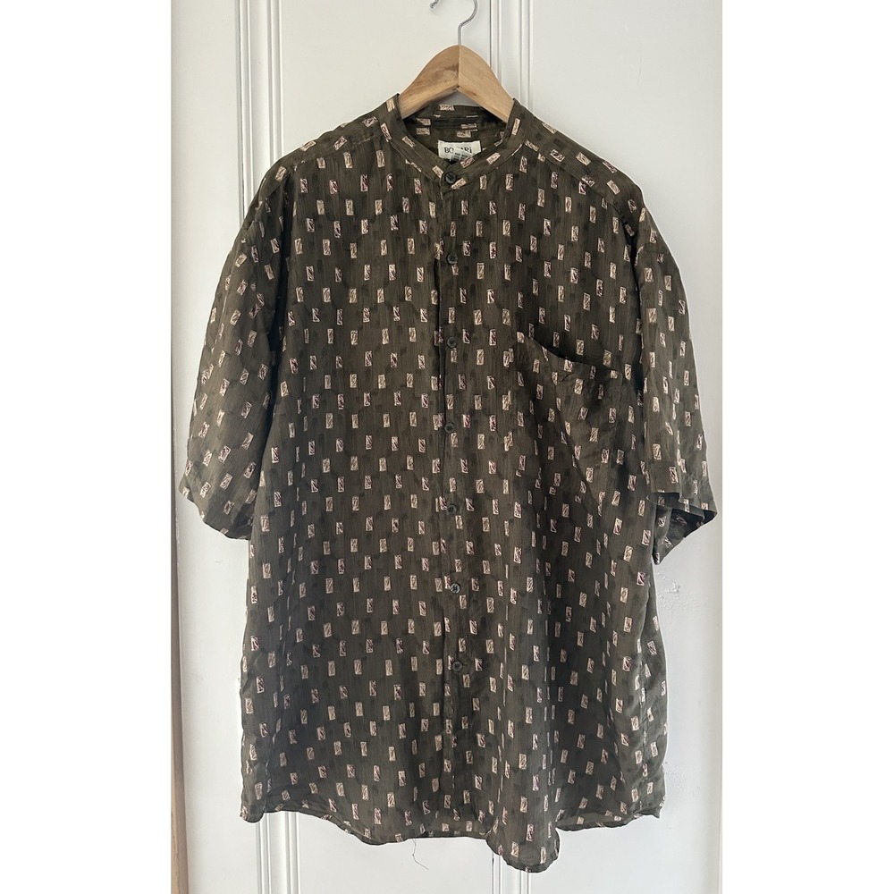 BOGARI‎ Mens XL Silk Mandarin Collar Shirt Brown Geometric Button Front Vintage